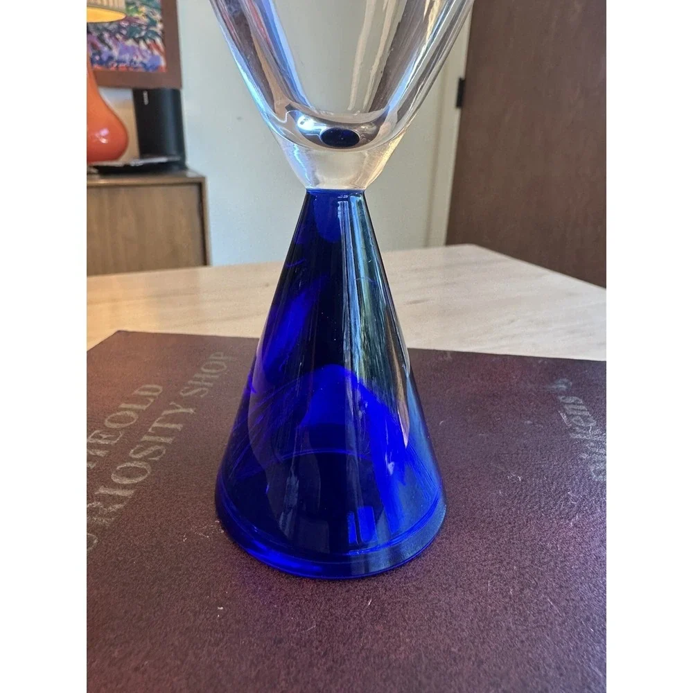 Vintage Sasaki Glass Eon Cobalt Blue Bottom Flute footed Goblets 7.5